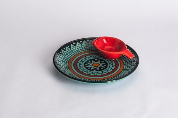 Ceramic Designer Floral Platter With Attached Bowl: Turquoise And Red Color - Image 2