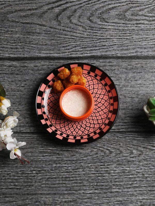 Ceramic Designer Floral Platter With Attached Bowl:  Red & Black Color