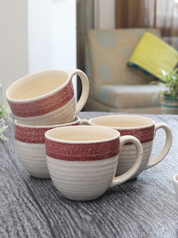 Pottery Ceramic Glazed Coffee Mugs Cum Serving Tea Cups Set, 320ml, Set of 4, Offwhite/Maroon