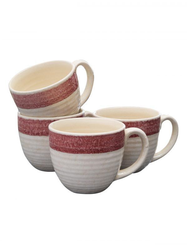 Pottery Ceramic Glazed Coffee Mugs Cum Serving Tea Cups Set, 320ml, Set of 4, Offwhite/Maroon - Image 2