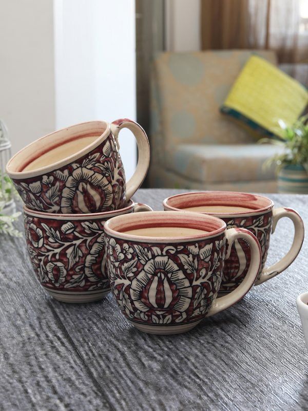 Handpainted Mughal Design Glazed Coffee Mugs Cum Serving Tea Cups Set, 320ml, Set of 4, Pink