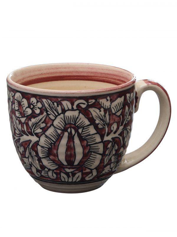 Handpainted Mughal Design Glazed Coffee Mugs Cum Serving Tea Cups Set, 320ml, Set of 4, Pink - Image 2