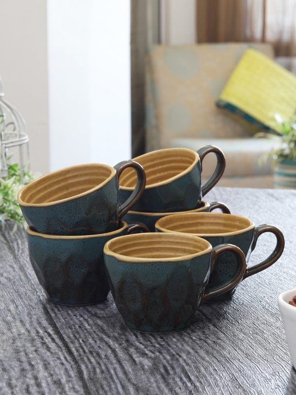 Studio Pottery Ceramic Glazed Coffee Mugs Cum Serving Tea Cups Set, 320ml, Set of 6, Green/Mustrad