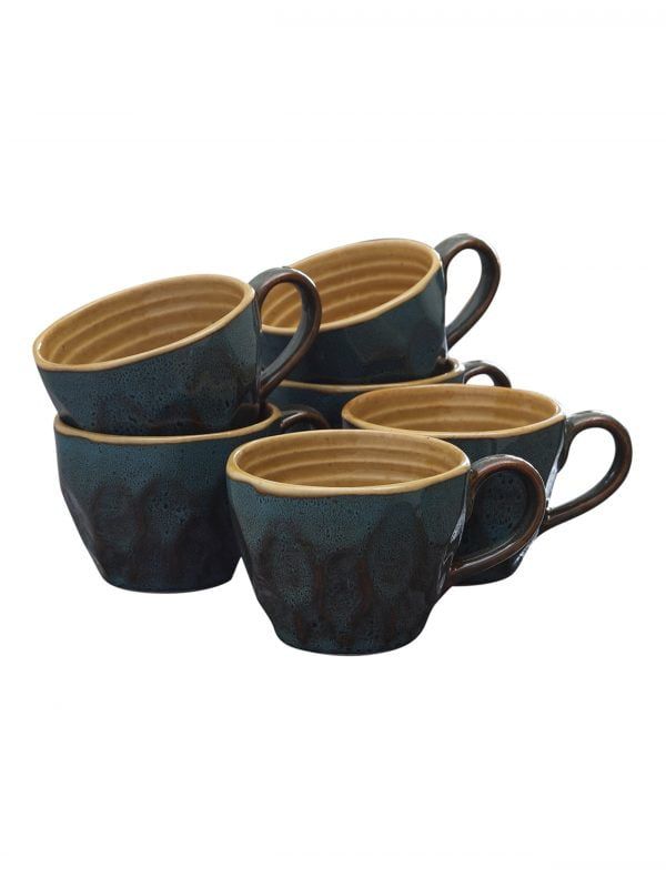 Studio Pottery Ceramic Glazed Coffee Mugs Cum Serving Tea Cups Set, 320ml, Set of 6, Green/Mustrad - Image 4