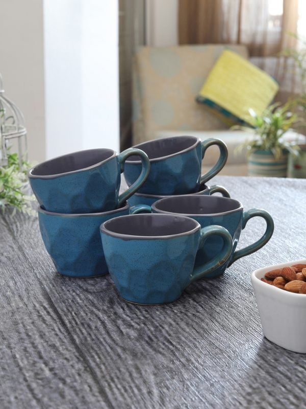 Studio Pottery Ceramic Glazed Coffee Mugs Cum Serving Tea Cups Set, 320ml, Set of 6, Green/Grey