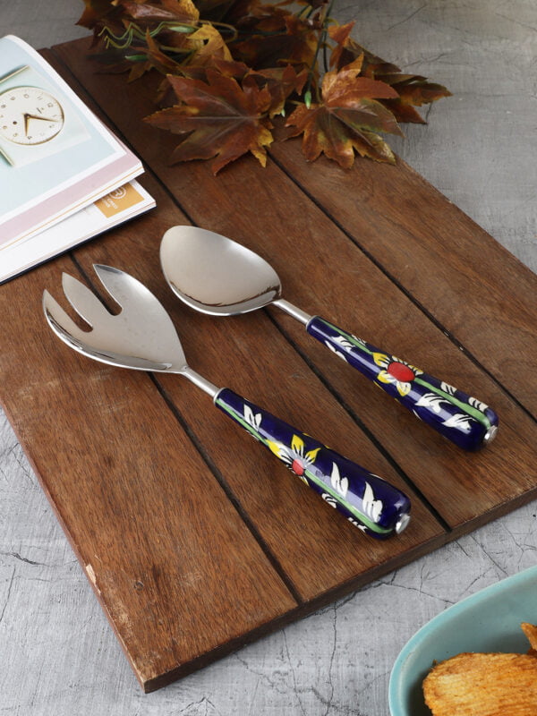 "The Gardenia Collection" Hand-Painted Stainless Steel & Ceramic Table Cutlery Set (1 Salad Serving Spoon/ 1 Salad Srving Fork) - Kitchen Flatware Cutlery Set for Dining Table Accessories