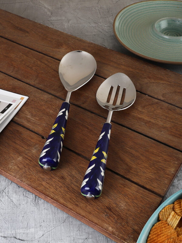 "The Gardenia Collection"  Hand-Painted Serving Spoon Set in Stainless Steel & Ceramic (Set of 2) - Rice Server Spoon Vegetable Serving Set for Kitchen Dinning Table Serveware Cutlery Set