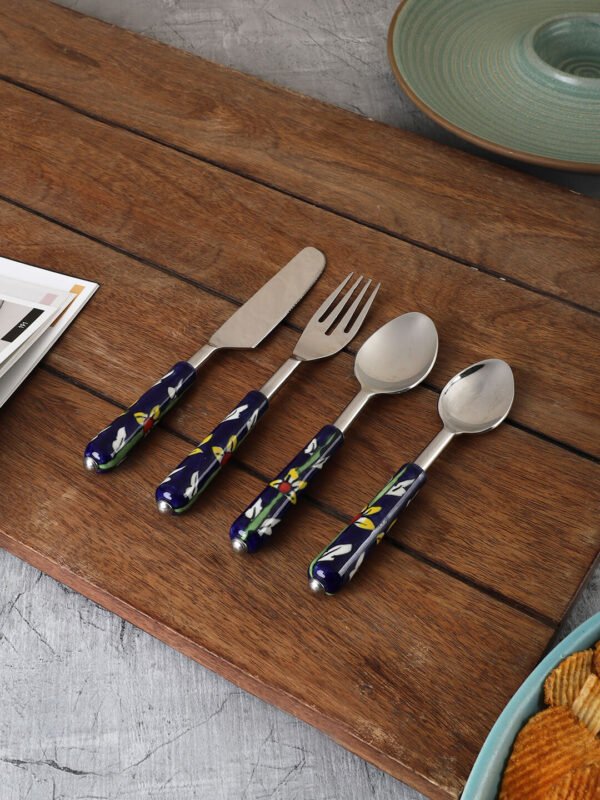 "The Gardenia Collection" Hand-Painted Stainless Steel & Ceramic Table Cutlery Set (1 Dinner Spoon/ 1 Dinner Fork, 1 Dinner Knife/ 1 Dessert Spoon) - Kitchen Flatware Cutlery Set for Dining Table Accessories