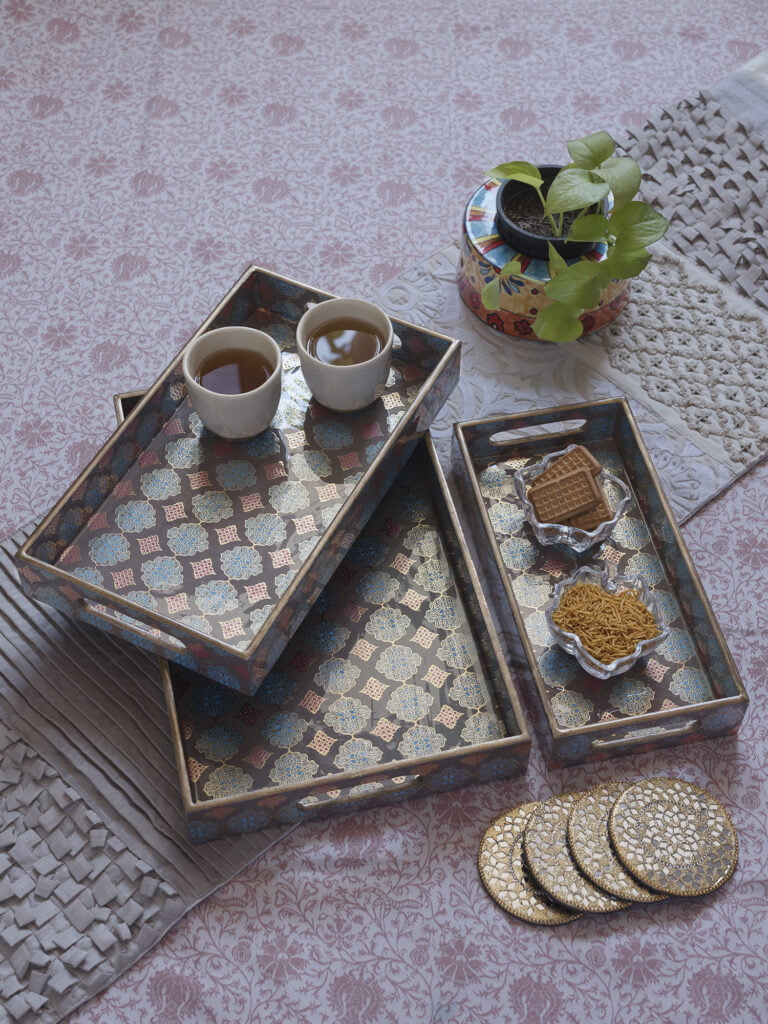 Morrocon Grey & Gold Rectangle Wooden Handcrafted Pinewood Trays-(Set Of 3 )