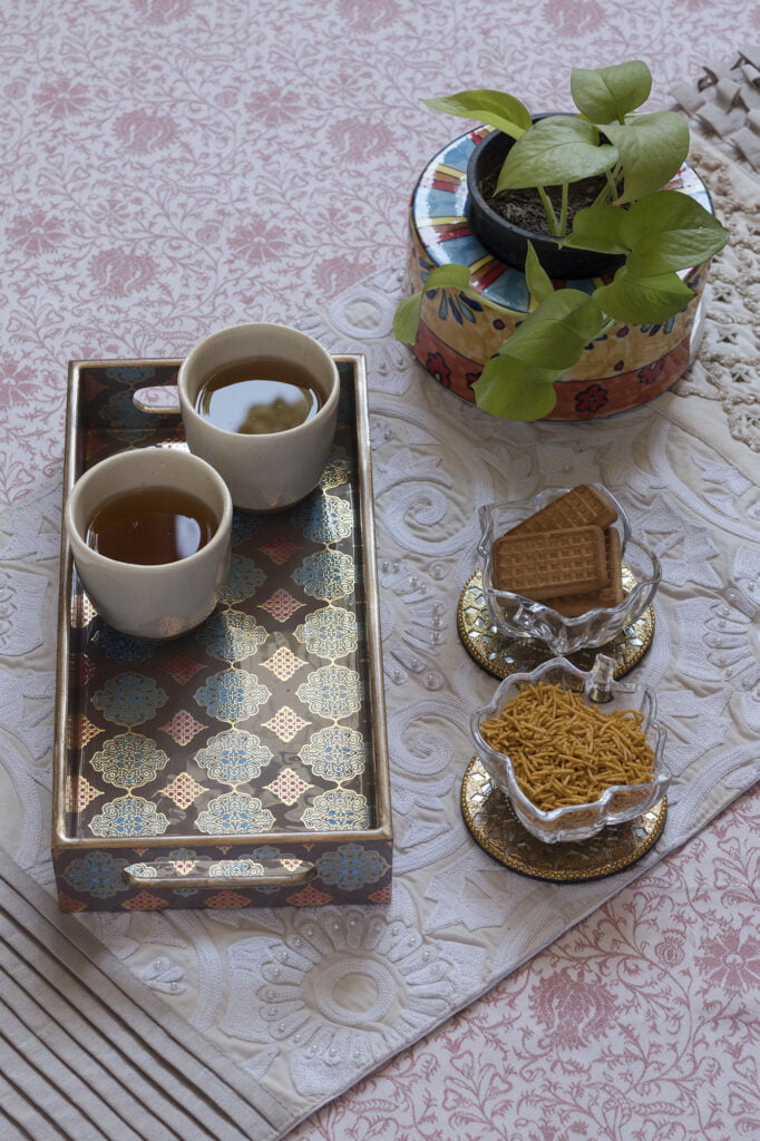 D?cor Morrocon Grey & Gold  Rectangle Wooden Handcrafted Pinewood Trays-(Small )