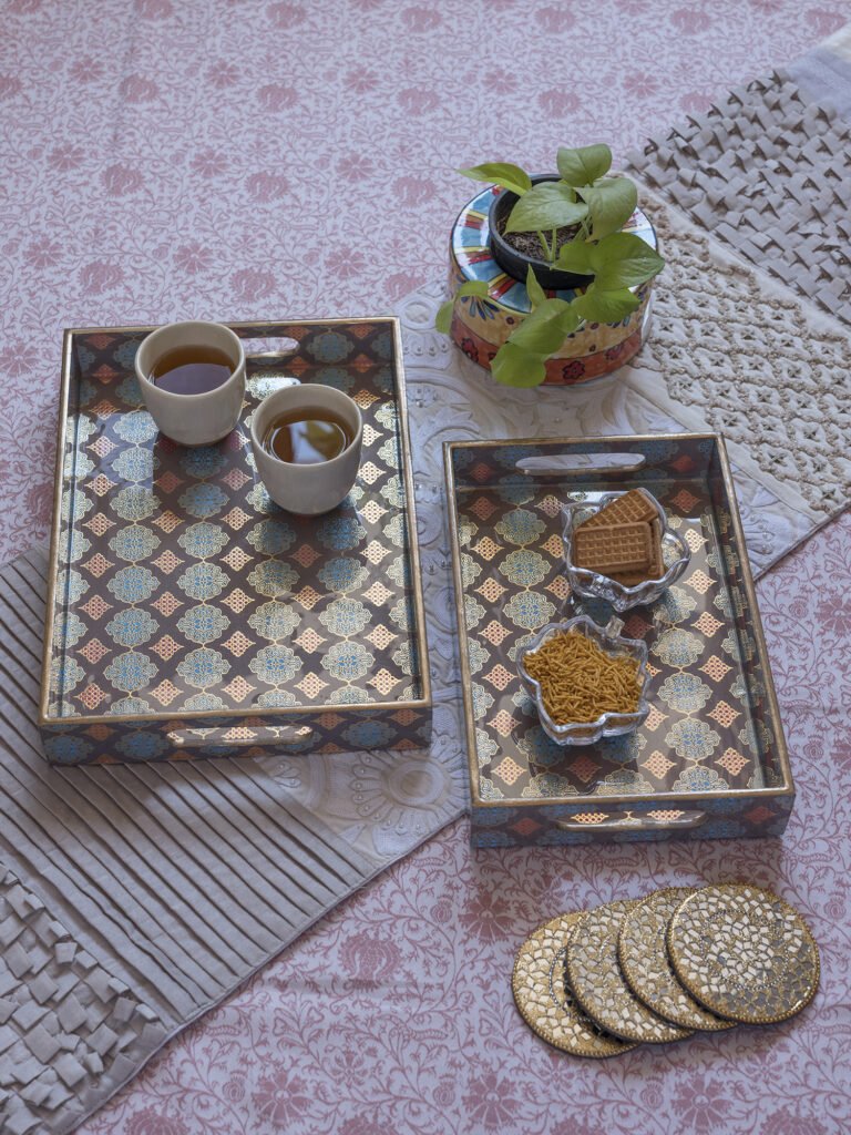 Morrocon Grey & Gold Rectangle Wooden Handcrafted Pinewood Trays-(Set Of 2)