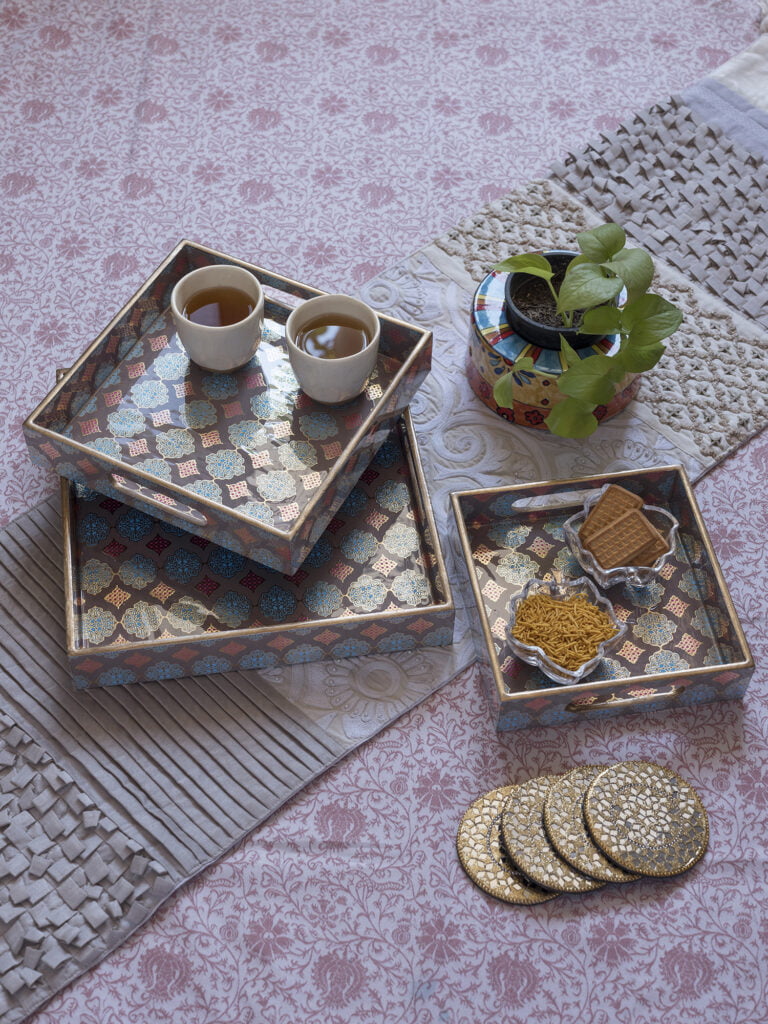 Morrocon Grey & Gold Square Wooden Handcrafted Pinewood Trays-(Set Of 3 )