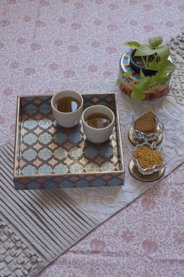 Morrocon Grey & Gold Square  Wooden Handcrafted Pinewood Tray-(Large)