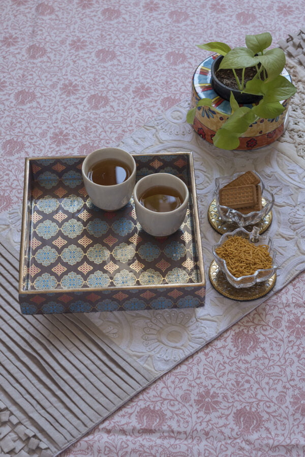 Morrocon Grey & Gold  Square  Wooden Handcrafted Pinewood Trays-(Medium )