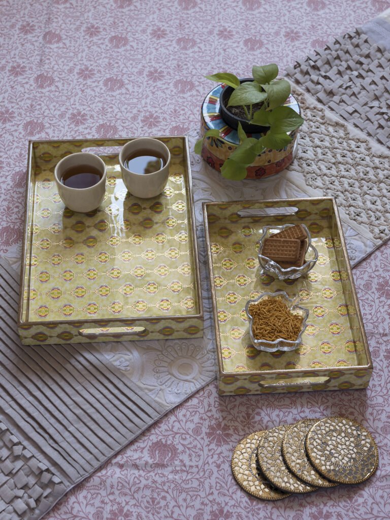 Morrocon Yellow & Gold Rectangle Wooden Handcrafted Pinewood Trays-(Set Of 2)