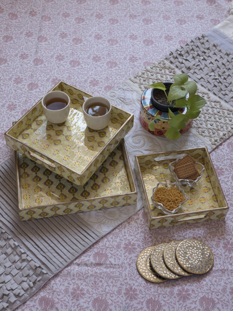 MorroconYellow & Gold Square Wooden Handcrafted Pinewood Trays-(Set Of 3 )