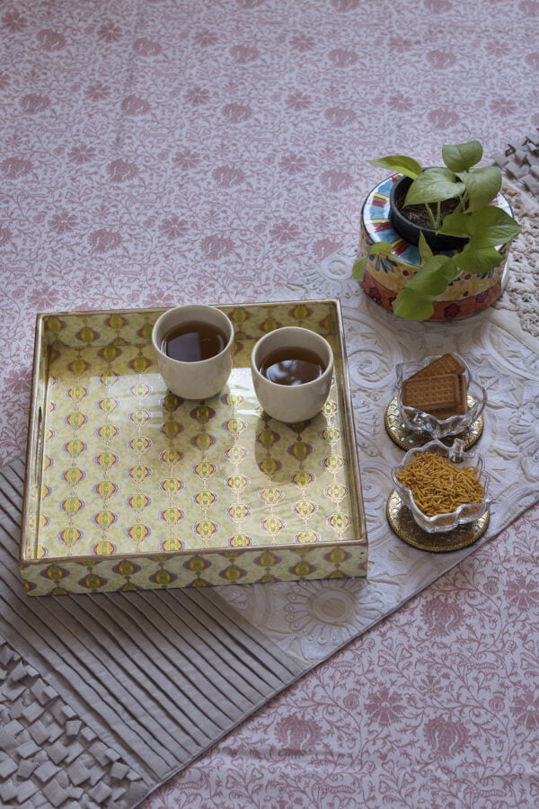 Morrocon Yellow & Gold Square  Wooden Handcrafted Pinewood Tray-(Large)