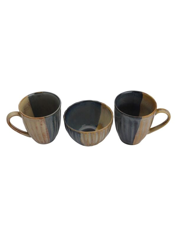 Studio Pottery Blue & Brown Mugs & Snack Bowl- Set of 3 - Image 3