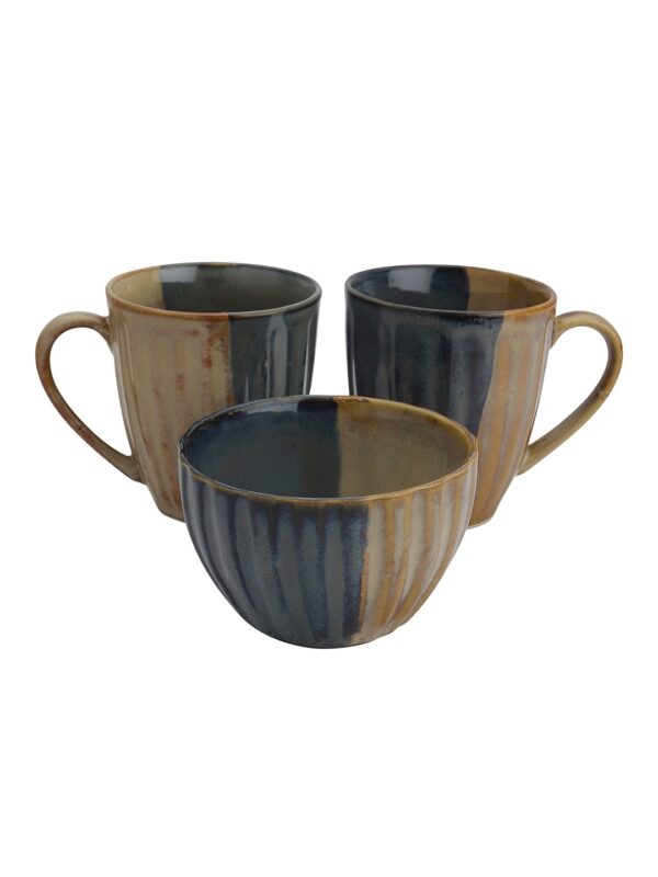 Studio Pottery Blue & Brown Mugs & Snack Bowl- Set of 3 - Image 4