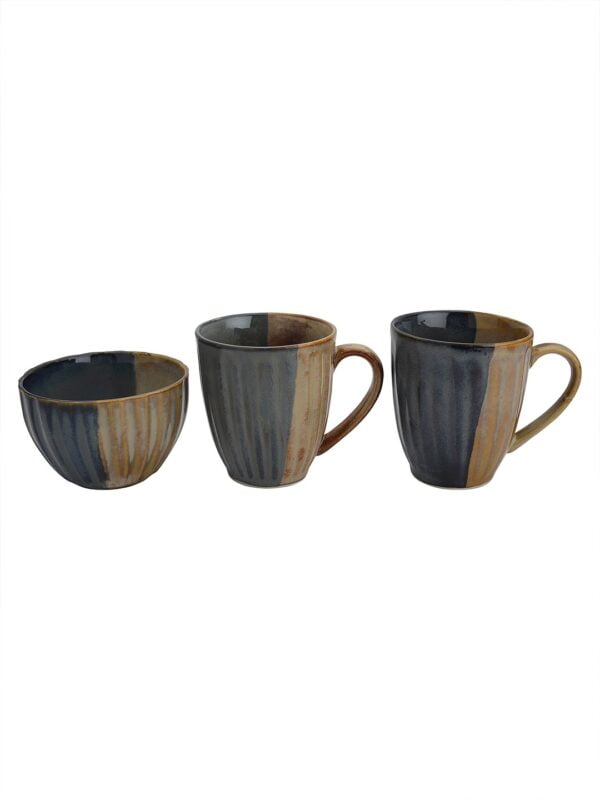 Studio Pottery Blue & Brown Mugs & Snack Bowl- Set of 3 - Image 5