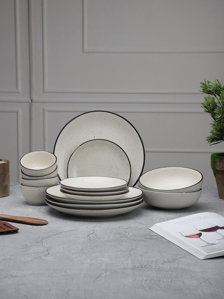 MIAH Decor Handcrafted Matte Finish Stoneware Dinner Set-Pack of 14| Gaura Collection|White with Black Rim|Microwave/Oven/Freezer & Dishwasher Safe| MDFE-022A