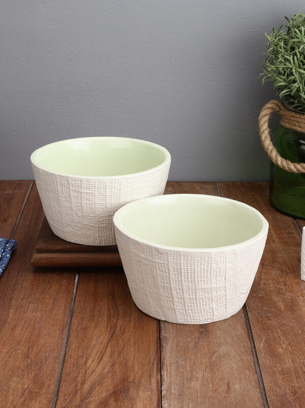 Handcrafted Textured Cream & Green Serving Bowls (Dia-6")-Set of 2