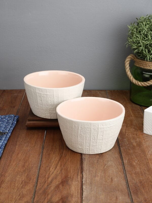 Handcrafted Textured Cream & Pink Serving Bowls (Dia-6")-Set of 2