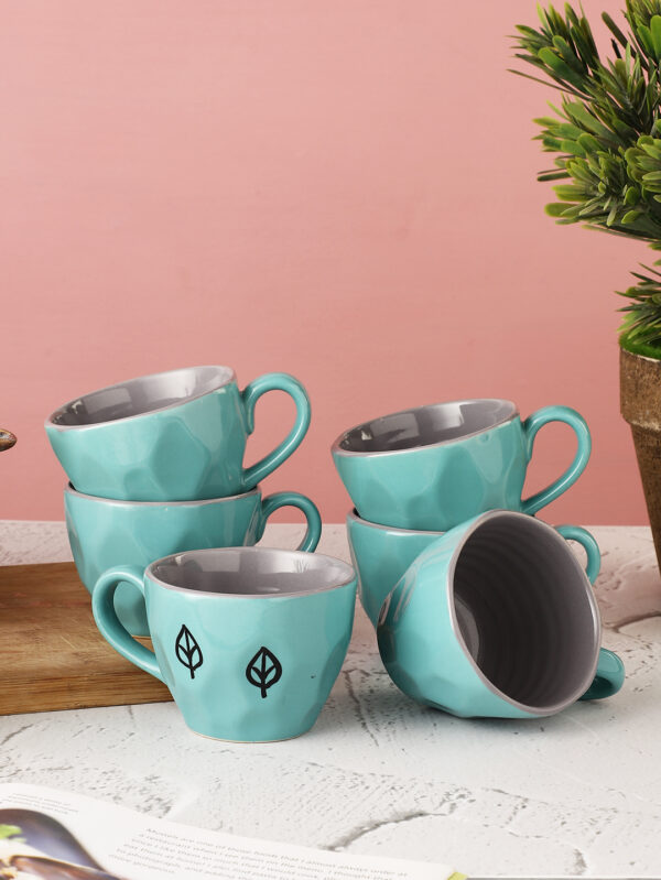 Studio Pottery Ceramic Glazed Coffee Mugs Cum Serving Tea Cups Set, 220ml, Set of 6, Green/green by MIAH Decor