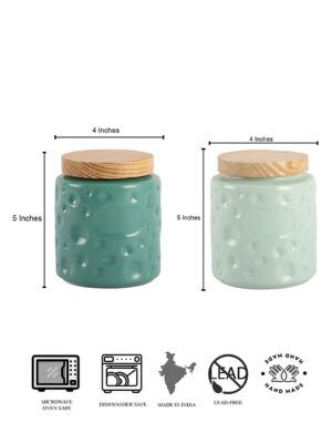 Ceramic Jar Set of 2 with Wooden Lid – Teal Green – 700ml | Airtight Kitchen Storage Jars - Image 4