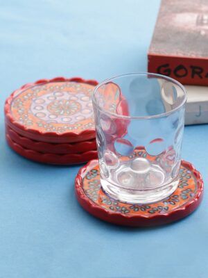 Hand Painted Stoneware Coasters Set of 4 – Multi-Color – MIAH Decor – Handcrafted Table Accessories – Made in India
