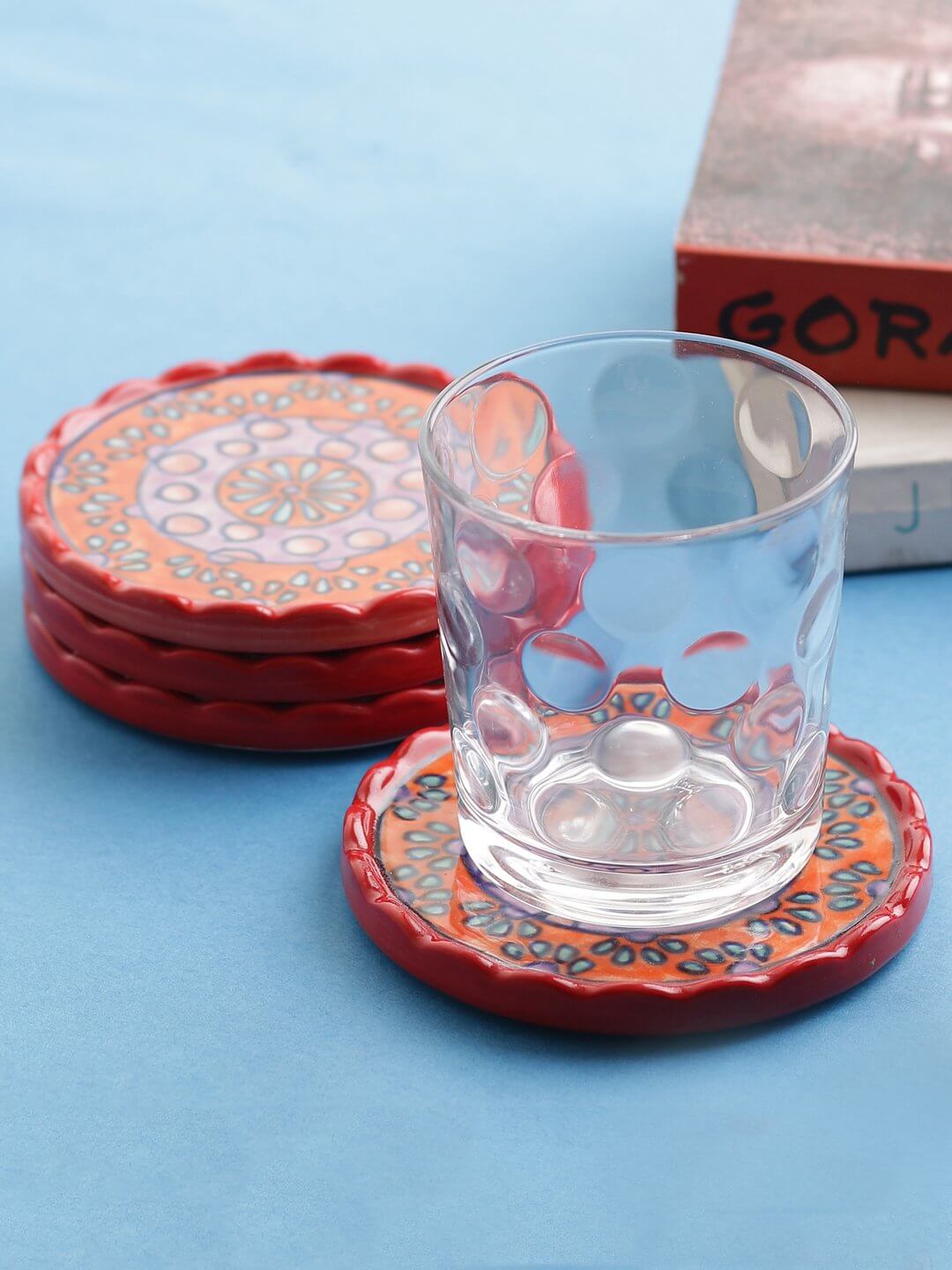 Hand Painted Stoneware Coasters Set of 4 – Multi-Color – MIAH Decor – Handcrafted Table Accessories – Made in India