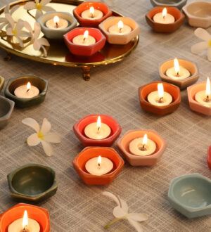 Traditional Ceramic Diya Set - Pack of 24 for Diwali Decoration Puja| Handcrafted Hexagonal Shape Oil Lamps| Reusable & Dishwasher Safe |Eco-Friendly Diyas for Diwali, Puja, Home Deco, Gift