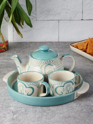 miah decor Ceramic Tea Set with Kettle and Tray with 2 Cups, 1 Teapot & 1 Tray Hand-Painted Design Tableware Tea Pot Kettle Set-Color-Cream| Dishwasher & Microwave Safe