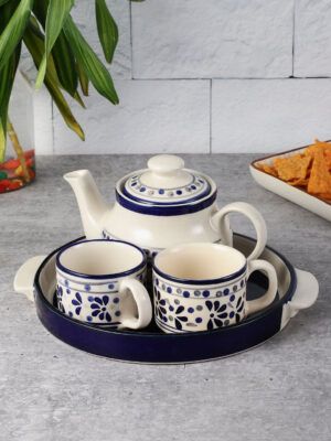 miah decor Ceramic Tea Set with Kettle and Tray with 2 Cups, 1 Teapot & 1 Tray Hand-Painted Design Tableware Tea Pot Kettle Set-Color-Multi