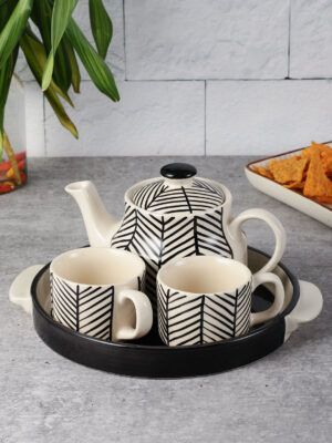 miah decor Ceramic Tea Set with Kettle and Tray with 2 Cups, 1 Teapot & 1 Tray Hand-Painted Design Tableware Tea Pot Kettle Set