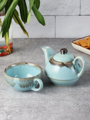 miah decor Ceramic Tea Pot Set Studio Pottery Hand Painted Design Kettle Tea Pot Cup Set Tableware -Serves -1, Color- Grey & Turquoise