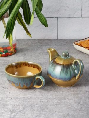 miah decor Ceramic Tea Pot Set Studio Pottery Hand Painted Design Kettle Tea Pot Cup Set Tableware -Serves -1, Color- Mustard & Turquoise