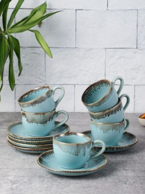 miah decor Ceramic Tea Cup and Saucer Set of 12, Studio Pottery Design Cup Plate Set for Serving Tea & Coffe Microwave & Dishwasher Safe, Color- Turquoise and Grey, Capacity 150ml