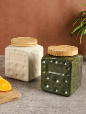 White Ceramic Jar Set of 2 – 700ml | Airtight Kitchen Containers with Wooden Lids