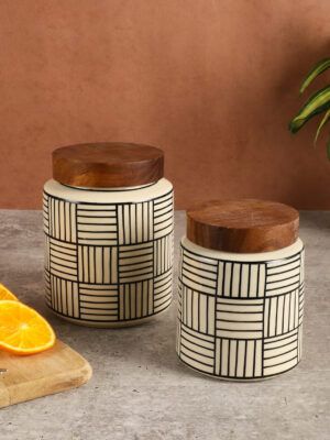 Handpainted Ceramic Jar Set of 2 – Airtight Wooden Lid | Premium Kitchen Storage