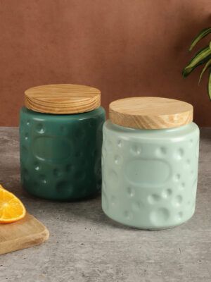Ceramic Jar Set of 2 with Wooden Lid – Teal Green – 700ml | Airtight Kitchen Storage Jars