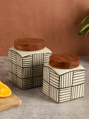 Handpainted Ceramic Jar Set of 2 – Airtight Storage with Wooden Lid | MIAH Decor
