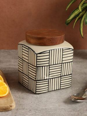 Premium Ceramic Storage Jar – Handpainted – 1 Pc | Airtight Wooden Lid – 780ml