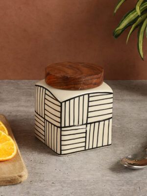 Small Off White Ceramic Jar – Airtight Wooden Lid – 1 Pc | Kitchen Storage Canister