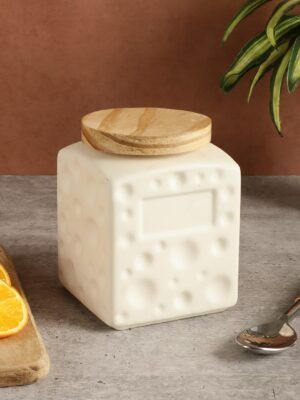 White Ceramic Jar – 800ml | Airtight Kitchen Storage with Wooden Lid