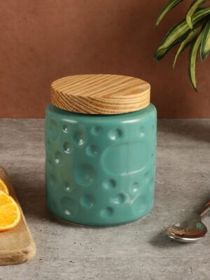 Ceramic Storage Jar – Teal – 700ml | Airtight Food Canister with Wooden Lid