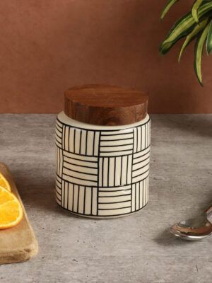 Ceramic Food Jar – 405gm | Airtight Wooden Lid – Handpainted – Microwave & Dishwasher Safe