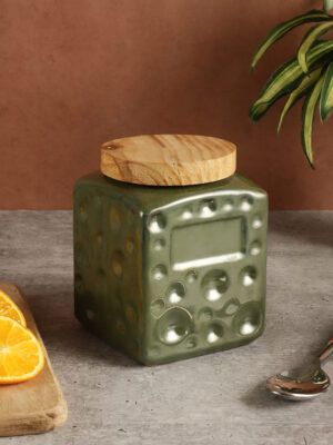 Green Ceramic Jar – 800ml | Airtight Food Canister with Wooden Lid – Kitchen Jar