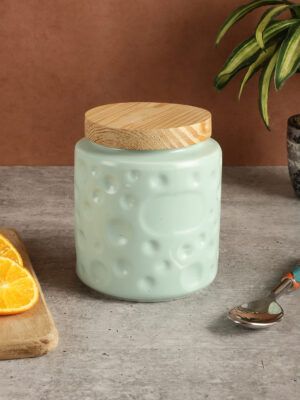 Ceramic Storage Jar – Green – 700ml | Airtight Canister with Wooden Lid for Kitchen