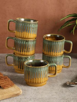 MIAH Decor Set of 6 Green Yellow Textured Ceramic Glossy Cups